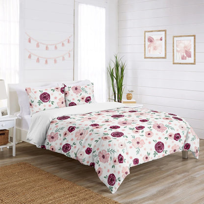 Burgundy Pink Watercolor Floral Girl 3pc Full Queen Comforter Set - Blush Maroon Wine Rose Green Shabby Chic Flower Farmhouse