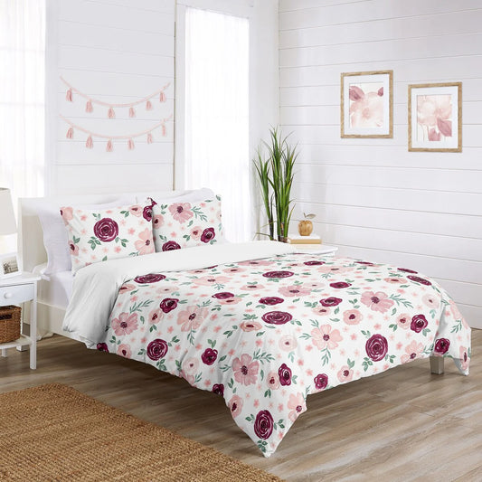 Burgundy Pink Watercolor Floral Girl 3pc Full Queen Comforter Set - Blush Maroon Wine Rose Green Shabby Chic Flower Farmhouse