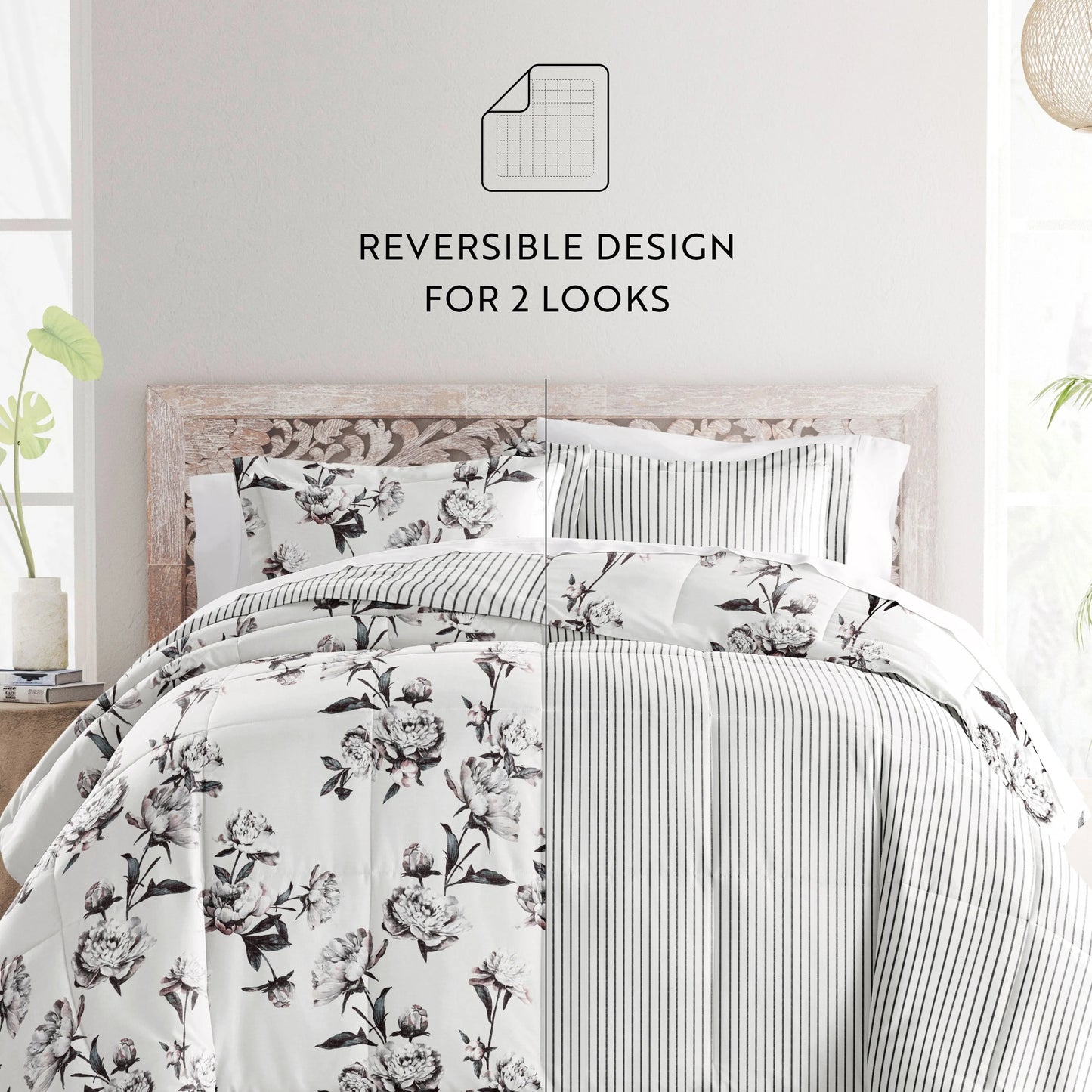 Becky Cameron Vintage Magnolia Stripe Pattern Reversible Comforter Set