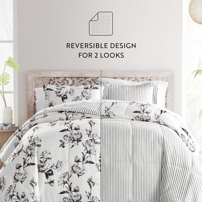 Becky Cameron Vintage Magnolia Stripe Pattern Reversible Comforter Set