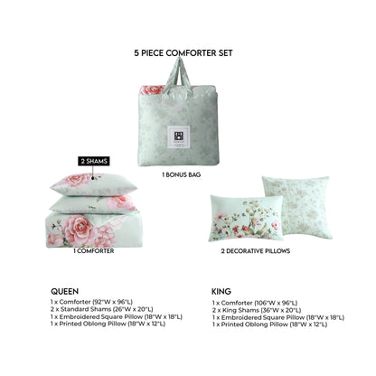 Bebejan Rose on Misty Green 100% Cotton 5-Piece Reversible Comforter Set