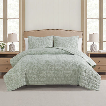 Botanical Leaves Sage All-Season Soft Luxury Chenille Jacquard Quilt Set