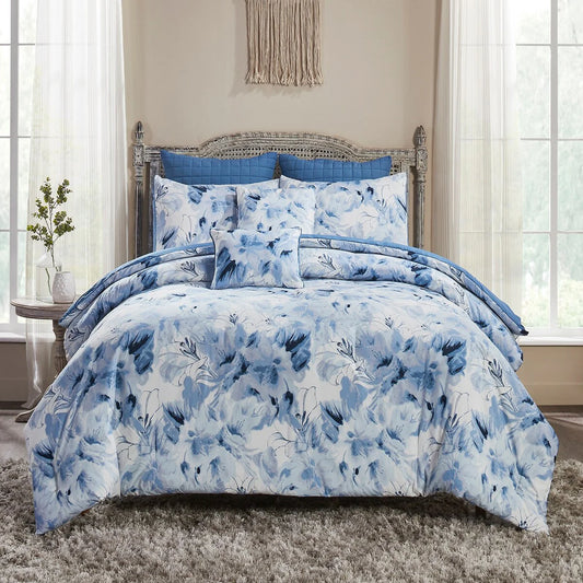 Better Trends Rosalia Collection 7-Piece Microfiber Floral Comforter Set in Blue - Soft, Durable & Machine Washable