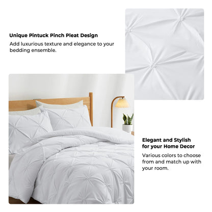 3 Piece Pintuck Pinch Pleat Comforter Set, Bedding Set for All Season, White