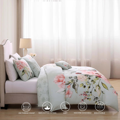 Bebejan Rose on Misty Green 100% Cotton 5-Piece Reversible Comforter Set