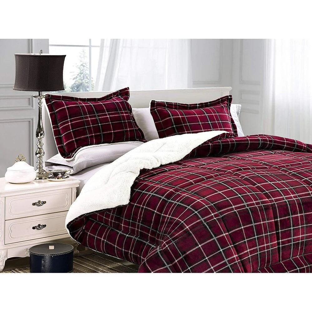 Elegant Comfort 3-Piece Plaid Pattern Sherpa-Backing Reversible Comforter Set