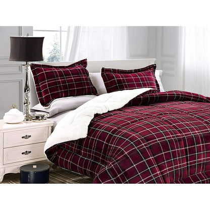 Elegant Comfort 3-Piece Plaid Pattern Sherpa-Backing Reversible Comforter Set