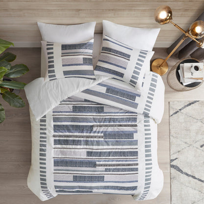 INK+IVY Serena 3 Piece Cotton Printed Comforter Set w/trims Navy