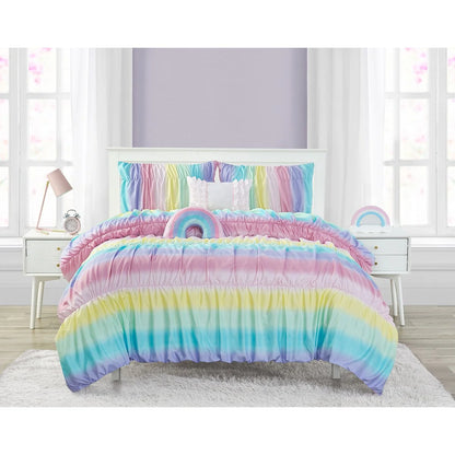Rainbow Ruched Ultra Soft Microfiber Comforter Set with Rainbow Shaped Pillow & Ruffle Pillow
