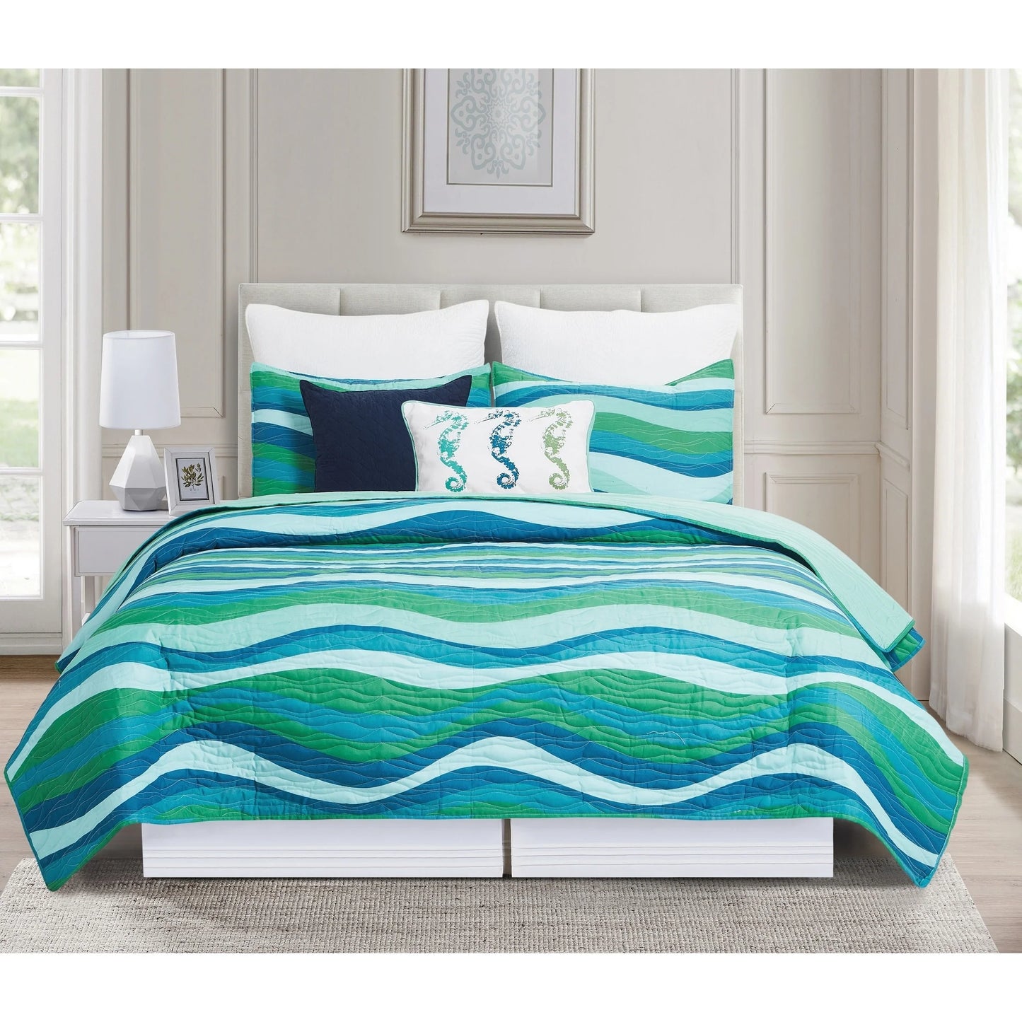 Deep Blue Sea Waves King 3 Piece Quilt Set with 2 Shams Reversible Microfiber Summer Beach Ocean Coastal Bedspread Coverlet