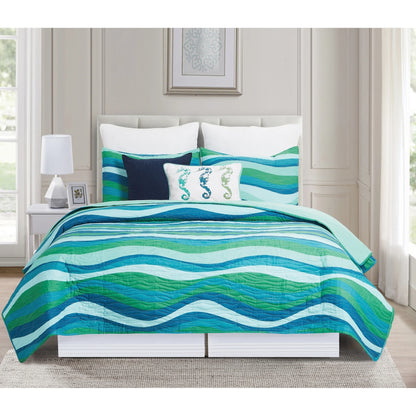 Deep Blue Sea Waves King 3 Piece Quilt Set with 2 Shams Reversible Microfiber Summer Beach Ocean Coastal Bedspread Coverlet