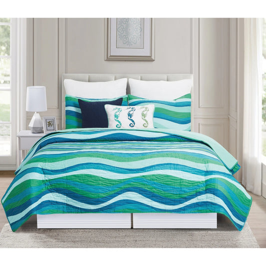 Deep Blue Sea Waves King 3 Piece Quilt Set with 2 Shams Reversible Microfiber Summer Beach Ocean Coastal Bedspread Coverlet