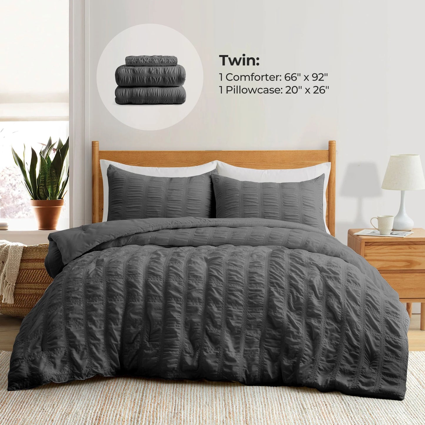 3-Piece Seersucker Bubble Ruffled Chic Textured Comforter Set, Lightweight Bedding Set