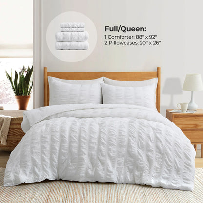 3-Piece Seersucker Bubble Ruffled Chic Textured Comforter Set, Lightweight Bedding Set
